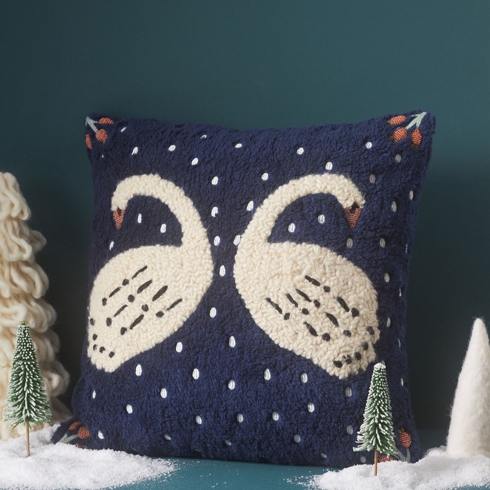Mila embroidered faux-shearling pillow.
Anthropologie Swan Holiday Pillow NWT